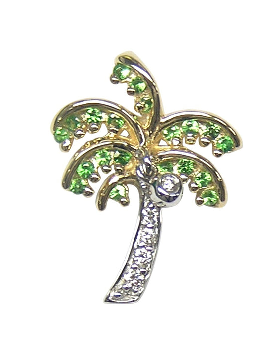 14k 2/tone 15mm Single Palm Tree Pendant with 5 Diamonds & 20 Tsavorites