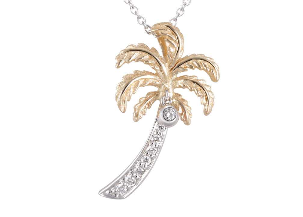 SINGLE PALM TREE TWO TONE PENDANT NECKLACE