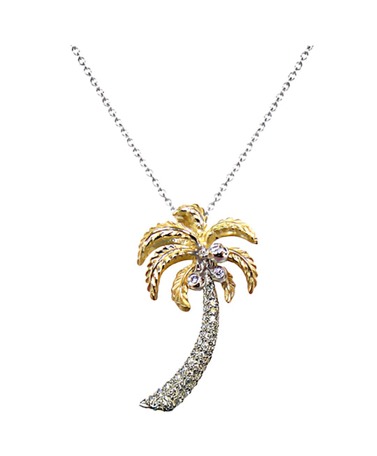 14k 2/tone 30mm Single Palm Tree Pendant with 41 Diamonds