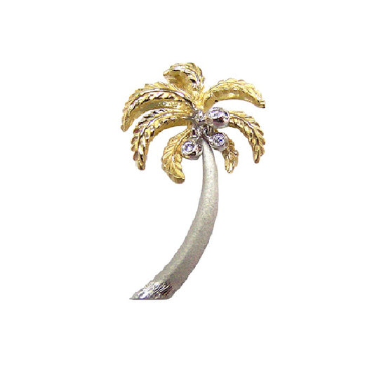 14k 2/tone 30mm Single Palm Tree Pendant with 3 Diamonds