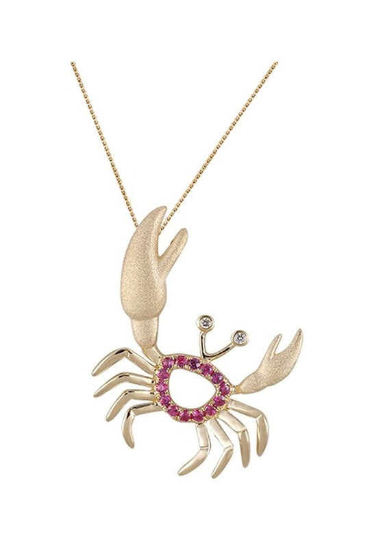 Colgante de cangrejo de 14k con 2 diamantes y 14 zafiros de color rosa fuerte