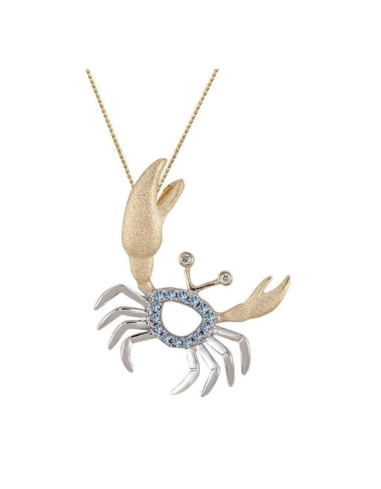 Colgante de cangrejo de 14k 2/tono con 2 diamantes y 14 zafiros azul pastel