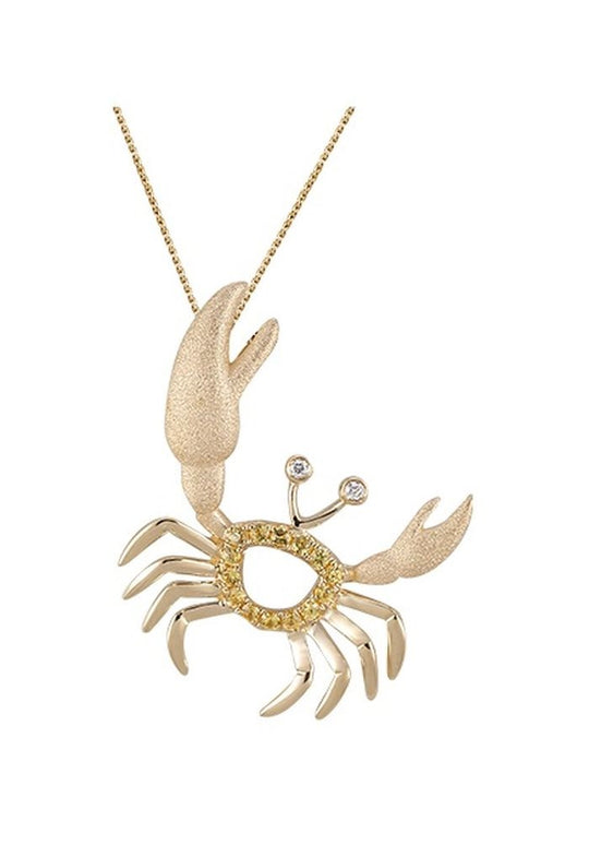 Colgante de cangrejo de 14k con 2 diamantes y 14 zafiros amarillos