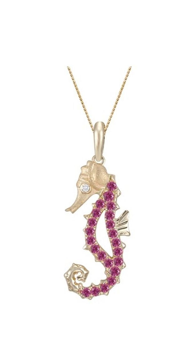14K YELLOW GOLD DIAMOND SEA HORSE PENDANT NECKLACE