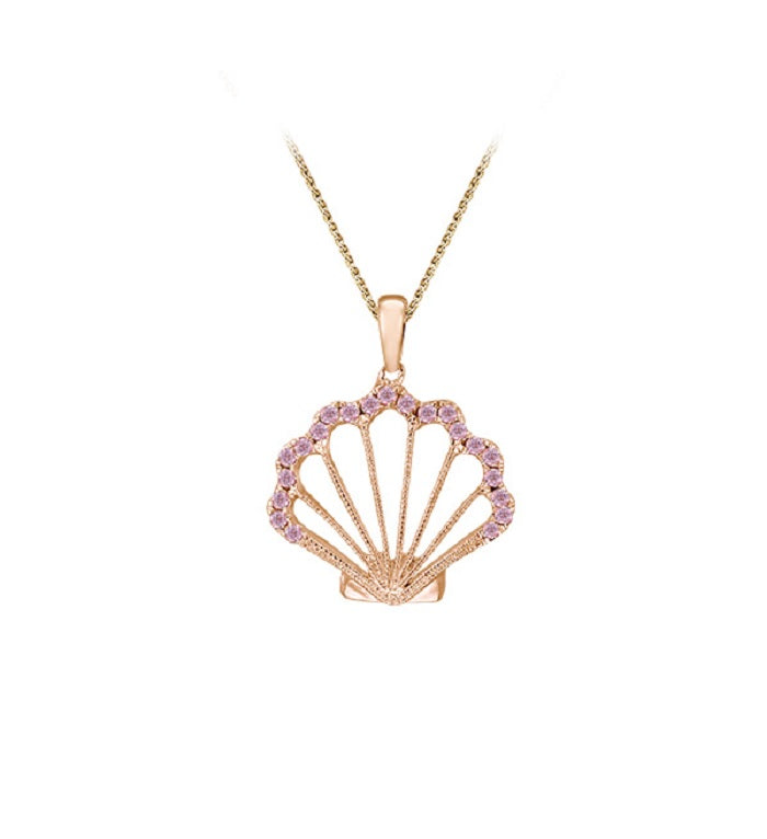 14K PASTEL PINK SAPPHIRE SHELL PENDANT NECKLACE