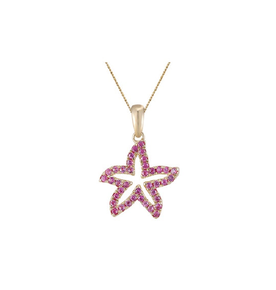 Colgante de estrella marina de 14k 15 mm con 39 zafiros de color rosa fuerte