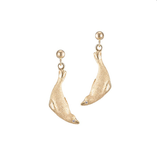 14k 20mm "Diving" Seal Ball Post Earrings with 4 Diamonds