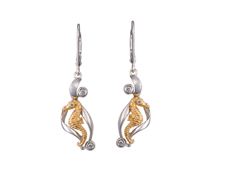 14K Two Tone Single Sea Horse Earrings With 6 Diamonds