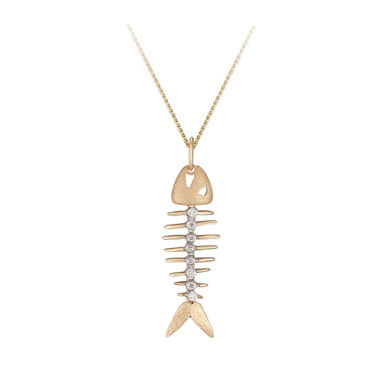 14k 2/tone Fish Bone Pendant with 8 Diamonds
