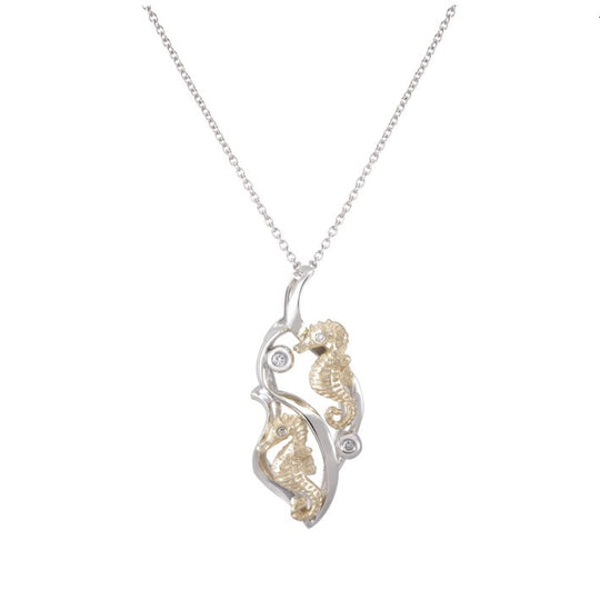 14K Zwei Ton Single Sea Horse Anhänger mit 3 Diamanten
