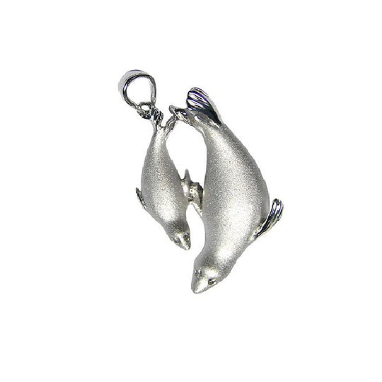 14k White Rhodium Mother and Baby Seal Pendant with 4 Diamonds
