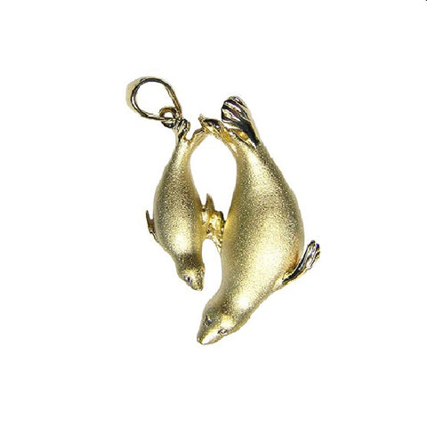 14K YELLOW GOLD MOTHER AND BABY SEAL PENDANT DIAMOND NECKLACE