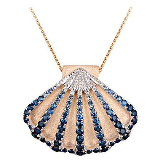 14k 2/tone 30mm Shell Pendant with 7 White Sapphires and 74 Blue Sapphires