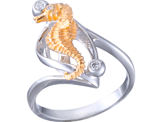 14k 2/tone Single Sea Horse Ring with 3 Diamonds