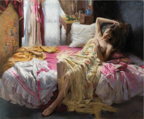 Vicente Romero Painting Woman on Bed Posing