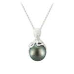 White Gold Octopus Pendant With 11mm Tahitian Pearl & Diamonds